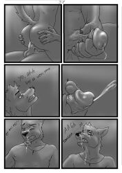 aariel anal anthro axel bodily_fluids canid canine comic cum cum_on_face cumshot duo ejaculation genital_fluids hi_res holding_butt humanoid_genitalia male male/male mammal penetration precum spanish_text text wolfyalex96_(artist)