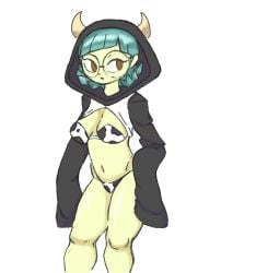 blue_hair breasts brown_eyes busty cleavage clothed clothing cow_girl cow_horns cow_print cow_print_bikini drawn endorphinpuddin female glasses green_hair green_skin horns no_straight_roads short_hair thick_thighs tila_(nsr)