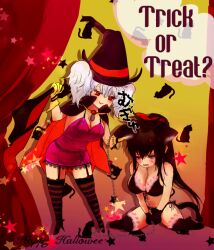 2girls alternate_costume big_breasts black_hair blush bra cape cat_ears cat_tail catgirl chain_leash chained chains chibi cleavage embarrassed female female_only full_body garter_straps genderswap_(mtf) gintama gintoki_sakata halloween halloween_costume hijikata_toshiro lace-trimmed_bra lace-trimmed_thighhighs lingerie long_hair paako panties ponytail red_eyes rule_63 sitting smile stockings striped_legwear striped_thighhighs thighhighs twintails wariza white_hair witch witch_hat