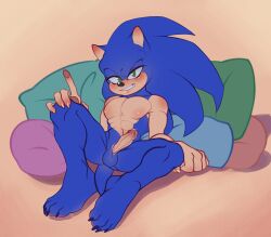 5_fingers absurd_res anthro balls blue_body blue_fur blush eulipotyphlan fingers fur genitals hedgehog hi_res looking_at_viewer lying male mammal niranna nude on_back paws penis pillow sega simple_background smile solo sonic_(series) sonic_the_hedgehog video_games