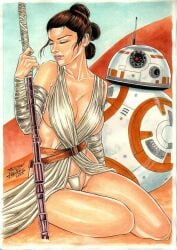 1girls 2d anilton_freires bb-8 big_breasts brown_hair cleavage desert ed_benes_studio female front_view light-skinned_female lipstick no_bra panties pink_lips rey robe robot sitting staff star_wars underwear weapon