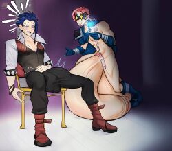 balls blue_hair blush boner bulge erection flaccid hyper hyper_balls hyper_genitalia hyper_penis hyper_testicles kingdom_velvet magic male male_focus male_only nipples open_mouth penis penis_growth sitting sitting_on_chair testicles veins veiny_penis