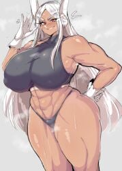 abs big_breasts huge_breasts looking_at_viewer miruko muscular_female my_hero_academia red_eyes rumi_usagiyama rururu82010664 thick_thighs thighs_bigger_than_head white_hair