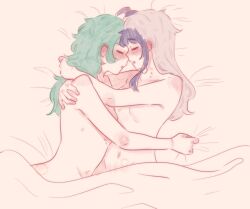 2girls after_sex bare_arms bare_back bare_shoulders bedding bedding_background bite bite_mark blush blushing_profusely bruise bruised bruises embrace embracing embracing_another facing_another facing_each_other facing_to_the_side female female_focus female_only green_hair hickey hickey_marks holding_another hugging long_hair lying_on_bed lying_on_side medium_breasts mia_(pockiseisont) multiple_girls naked naked_female navel navel_line nude nude_female nudity oc original_character pockiseisont purple_hair romantic romantic_ambiance romantic_couple romantic_sex runa_(pockiseisont) silver_hair sleeping slim slim_waist wide_hips yuri