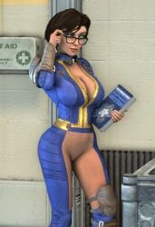 3d big_breasts bioshock bioshock_infinite blue_eyes bodysuit breasts brown_hair busty cleavage crossover crotchless elizabeth_comstock fallout female female_focus female_only first_aid_kit glasses holding_book hourglass_figure knee_pads lipstick long_hair looking_at_another lordaardvark open_bodysuit ponytail pussy red_lipstick shaved_pussy standing tagme vagina vault_suit wide_hips