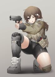 brown_eyes brown_hair clothed crouching crouching_female female female_focus female_only fingerless_gloves fully_clothed gun hairclip kanine41 karinn karinn(oc) legs_apart military military_boots military_clothing military_uniform open_mouth ponytail pussy_bulge shooting spats thick_thighs thigh_focus thighs wide_hips