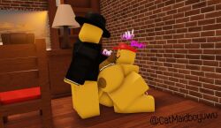 1boy 1girls 3d big_breasts breasts catmaidboyuwu crouching elliot_(work_at_a_pizza_place) furniture male/female paizuri penis roblox roblox_game robloxian tagme text work_at_a_pizza_place