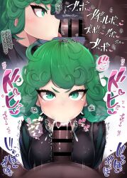 1girls :>= censored clothing cum cum_in_mouth cum_inside curly_hair dark-skinned_male dark_skin fat_man fellatio green_eyes green_hair hiiro_h interracial japanese_text light-skinned_female light_skin looking_at_viewer one-punch_man pov short_hair tatsumaki tongue_out translated