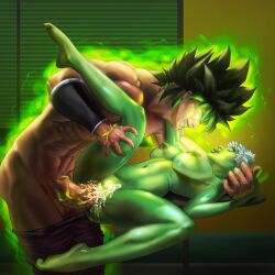 1boy 1girls alien aura barefoot basturmate broly broly_(dragon_ball_super) cheelai cum cum_in_pussy dragon_ball dragon_ball_super feet female_ejaculation green_aura green_skin grin interspecies looking_each_other lying_on_table sex tagme toes vaginal_penetration veiny_hands veiny_penis