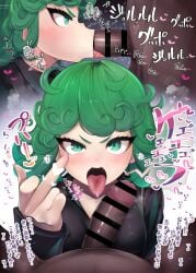 1girls :>= censored clothing curly_hair dark-skinned_male dark_skin fellatio green_eyes green_hair highres hiiro_h interracial light-skinned_female light_skin looking_at_viewer middle_finger one-punch_man open_mouth pov short_hair tatsumaki tongue_out translated