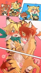 anthro bandana blue_eyes blush bodily_fluids breasts censored_genitalia cum cygames duo ejaculation exposed_breasts featureless_breasts felid female genital_fluids green_bandanna green_eyes green_kerchief hand_holding hgndn_aaeo hi_res kerchief lion male male/female mammal mia_(world_flipper) nude open_mouth pantherine sex small_breasts standing standing_sex sweat swirly_eye teenager teenager_on_teenager teo_(world_flipper) tiger world_flipper young