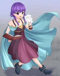 1girls bangs book boots braid breasts cape dress female female_only fire_emblem fire_emblem:_the_sacred_stones frown humiliation lute_(fire_emblem) magic nintendo open_mouth purple_eyes purple_hair short_hair small_breasts solo torn_clothes twin_braids zebeltuku_12