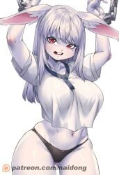 anthro arms_up artist_website big_breasts breasts female femsub game00984 naidong panties patreon_username rabbit red_eyes shackles shirt solo tagme thick_thighs unhappy_female white_fur white_hair