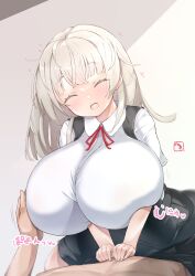 1boy 1girls 2022 ^_^ absurd_res bare_arms bea_(adfhbcf4326) blush breast_hold breast_squish breasts caress clothed clothed_female_nude_male clothing cute eyebrows_visible_through_hair female female_focus gigantic_breasts happy heart highres huge_breasts indoors long_hair looking_at_viewer lying male male_pov nude on_back open_mouth original pov signature silver_hair sitting sitting_on_lap sitting_on_person skirt smile sound_effects spread_legs suspender_skirt suspenders tongue