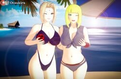 2girls 3d adapted_costume alternate_costume alternate_hairstyle beach beach_umbrella big_breasts bikini blonde_hair blue_eyes blunt_bangs breast_grab breasts breasts breasts brown_eyes bust cleavage female female_only fondling fondling_breast hair_bun hand_on_breast hand_on_own_breast hand_on_waist highleg highleg_bikini holding_partner koikatsu landscape long_hair looking_at_viewer mature mature_female mature_woman midriff multiple_females multiple_girls naruto naruto_(series) naruto_shippuden ocean one_eye_closed oppai otsukira outdoors presenting presenting_breasts presenting_self samui sand seaside self_fondle shirt shore smile sunlight swimsuit take_your_pick tied_hair tied_shirt tsunade umbrella water wink