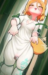 absurdres afterimage animal_ears blonde_hair blush breasts covered_nipples dutch_angle feet_out_of_frame female furry hair_between_eyes highres indoors kudamaki_tsukasa looking_at_viewer nipples saliva see-through short_hair small_breasts solo sukebepicture tail tail_wagging tongue tongue_out touhou wet wet_clothes white_romper