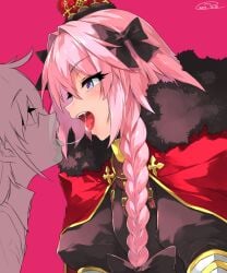 1boy 1other 2018 after_kiss astolfo_(fate) bow braid cape clothed clothing crown dated eyebrows_visible_through_hair fate/grand_order fate_(series) femboy fur-trimmed_cape fur_trim hair_between_eyes hair_ribbon jewelry long_hair long_ponytail male male_focus mitsuba_minoru open_mouth pink_background pink_hair purple_eyes ribbon saliva saliva_string saliva_trail seductive signature simple_background single_braid smile teeth tied_hair tongue tongue_out trap