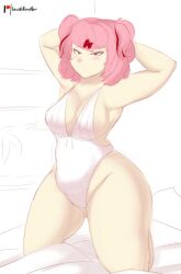 1girls armpits arms_up ass_visible_through_thighs breasts clothing doki_doki_literature_club female female_only hair_ribbon kneeling lewddoodler looking_at_viewer natsuki_(doki_doki_literature_club) on_knees one-piece_swimsuit pink_hair solo swimsuit thick_thighs wide_hips