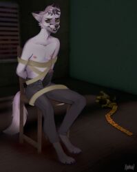 3d_background absurd_res anthro arctic_fox arms_tied black_eartips black_hair black_nose black_paws black_penis black_tail_tip bound brown_eyes canid canine chair clothed clothing digital_drawing_(artwork) digital_media_(artwork) erection fox furniture genitals hair hands_behind_back hi_res j0ha looking_at_viewer male male_focus male_only mammal marcus_juris nipples on_chair penis sitting sitting_on_chair smile smirk solo tied_to_chair topless unzipped unzipped_pants