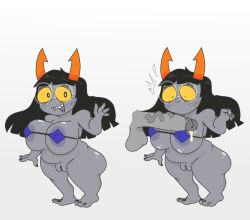 1girls amisia_erdehn big_ass big_breasts big_butt bikini_top bottomless cum errorplush glasses grey_skin hiveswap horns long_hair nipple_bulge pussy sharp_teeth shorter_female shortstack size_difference surprised sweat vagina yellow_eyes