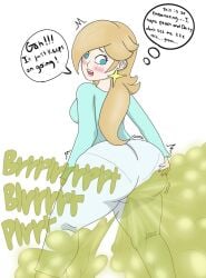 1girls alternate_costume ass big_ass blonde_hair bubble_ass bubble_butt dialogue embarrassed fart fart_cloud fart_fetish fartfetish female female_focus female_only gas grossed_out huge_butt looking_back mario_(series) nintendo pants princess princess_rosalina smelly smelly_ass speech_bubble text tight_pants white_background