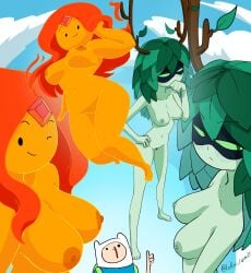 1girls 2girls adventure_time big_breasts breasts breasts_out cleavage coolerinker finn_the_human fire_humanoid flame_princess gem green_hair huntress_wizard inker_comics inkershike large_breasts mob_face multiple_girls naked naked_female nude nude_female size_difference skinny skinny_girl smiling