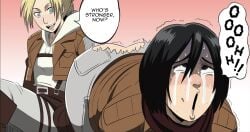 after_castration annie_leonhardt attack_on_titan ballbusting casting_couch castrated castration clothed cock_and_ball_torture comedy futanari humiliation mikasa_ackerman monkeeman0918 no_nude preview ruptured_testicle squeezing_testicles