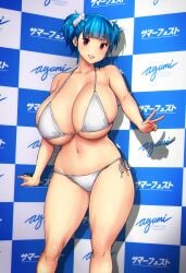 1girls agency bangs bare_shoulders belly_button bikini bikini_bottom bikini_top blue_hair blunt_bangs breasts bursting_breasts cleavage clenched_teeth collarbone covered_breasts curvaceous dot_nose english_text enormous_breasts erkazooya errorkazoo eye_contact feet_out_of_frame female_focus hair_ornament hand_sign hi_res high_resolution highres hourglass_figure huge_breasts japanese_text lips lipstick looking_at_viewer massive_breasts modeling navel original original_character out_of_frame red_eyes rina_atherina rina_atherina_(errorkazoo) scrunchie showing_teeth side-tie_bikini side-tie_bikini_bottom side_tie_bikini single_female single_girl smile smiling_at_viewer sofmap_wall solo solo_female standing swimsuit thick_thighs top_heavy_breasts twintails underboob v v_sign vein veiny_breasts voluptuous white_bikini white_bikini_bottom white_bikini_top white_hair_ornament white_scrunchie white_swimsuit wide_hips