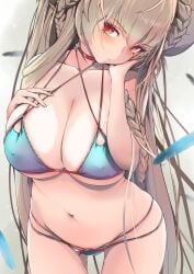 azur_lane bikini blush braid breasts choker cleavage closed_mouth covered_nipples falling_feathers female female formidable_(azur_lane) formidable_(the_lady_of_the_beach)_(azur_lane) grey_hair hand_on_own_cheek hand_on_own_chest hand_on_own_face head_tilt highres large_breasts leaning_forward long_hair looking_at_viewer multi-strapped_bikini navel official_alternate_costume p.i.t.d red_choker red_eyes skindentation solo stomach string_bikini swimsuit very_long_hair