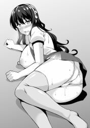 blush breasts female greyscale hair_ribbon highres kantai_collection kusano_(torisukerabasu) large_breasts long_hair looking_at_viewer lying monochrome naganami_(kantai_collection) nipples on_side open_clothes open_mouth open_shirt panties pussy_juice ribbon short_sleeves sideboob simple_background skirt sweat thighhighs underwear