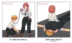 1boy 1girls 2d big_ass big_breasts chainsaw_man denji_(chainsaw_man) facesitting female makima_(chainsaw_man) male office_lady sashi.uwu sitting_on_person spanish_text