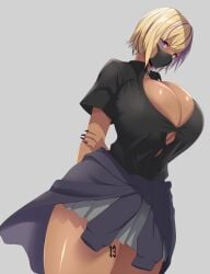 13 blonde_hair breasts bursting_breasts choker cleavage dark-skinned_female dark_skin face_mask ganguro gyaru huge_breasts kloah kuro_gyaru mole mole_on_breast multicolored_hair nail_polish original original_character purple_eyes shinokami_xatiii_(kloah) shirt short_hair simple_background skirt tattoo thick_thighs