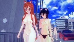 1boy 3d 3girls black_hair blue_hair car cat_ears catboy catgirl enf femboy glasses green_eyes koikatsu nekoruna nude_female orange_hair public public_nudity running streaking walking