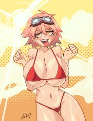 1girls 2022 abstract_background alternate_breast_size artist_name artist_signature ass_visible_through_thighs belly belly_button big_breasts bikini bikini_bottom bikini_top breast_squeeze breast_squish breasts busty cleavage cleavage_overflow color colored deep_cleavage eyelashes female female_focus female_only flcl gerph goggles goggles_on_head hair half-closed_eyes hands_up haruko_haruhara hi_res high_resolution highres hips huge_breasts humanoid large_breasts legs legs_together light-skinned_female light_skin looking_away medium_hair mouth_open navel open_mouth orange_background pink_hair pose posing presenting presenting_breasts red_bikini showing_breasts showing_off signature solo solo_female solo_focus squeezing_breast squished_breasts stomach sun sunlight teeth thighs tongue tongue_out top_heavy yellow_background yellow_eyes