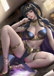 1girls arm_support artist_name bangs black_hair blurry blurry_background bodystocking bodysuit bracelet breasts cape cleavage collar commentary day female female_only fire_emblem fire_emblem_awakening gold_trim grey_eyes hand_up high_heels indoors jewelry light light_particles lips loincloth long_hair looking_at_viewer medium_breasts navel nintendo pelvic_curtain sade_abyss shiny shiny_hair short_twintails signature simple_background sitting skin_tight stomach tharja_(fire_emblem) thighs tiara twintails window