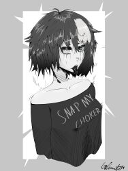 1girls black_and_white black_lipstick choker clothed glinter goth hard_nipples heart-shaped_pupils kuroh_kujou makeup messy_hair nipple_bulge ruined_makeup saliva short_hair snap_my_choker tears tears_of_pleasure tongue_out trembling unusual_pupils virtual_youtuber white_hair