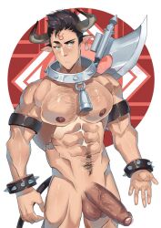 1boy axe bell boner erect_penis erection hard_on horns male_only muscles muscular muscular_male solo_male suzumeyaoi taurus_(zodiac) thick_penis uncut veiny_penis zodiac