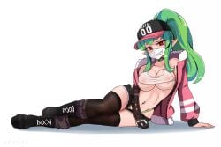 1girls 2020 baseball_cap belt belt_collar boots cap collar elf female female_only green_hair jacket leaning_on_hand linnaea_(silviathepony) long_hair looking_at_viewer lying_on_side mask navel_piercing novcel on_side pointy_ears ponytail red_eyes shorts solo solo_female stockings tank_top very_high_resolution white_background