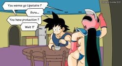 canon_couple chichi chichi's_armor chichi's_helmet dragon_ball dragon_ball_super flirting husband_and_wife light-skinned_female light_skin no_bra ox-princess son_goku topless