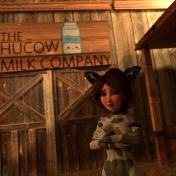 1girls 3d 3d_(artwork) barn big_breasts big_hero_6 cass_hamada collar covering covering_breasts cow_ears cow_print cowgirl disney female female_only hucow marvel milf milk naked petplay shy solo tamagosan