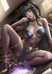 1girls arm_support artist_name bangs black_hair blurry blurry_background bodystocking bodysuit bracelet breasts cleavage collar commentary day female female_only fire_emblem fire_emblem_awakening gold_trim grey_eyes hand_up high_heels indoors jewelry light light_particles lips loincloth long_hair looking_at_viewer medium_breasts navel nintendo pelvic_curtain sade_abyss shiny shiny_hair short_twintails signature simple_background sitting skin_tight stomach tharja_(fire_emblem) thighs tiara twintails window