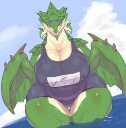 anthro areola big_breasts blush breasts capcom claws clothed clothing dragon eyewear eyewear_on_head female flying_wyvern genitals hi_res looking_at_viewer monster_hunter nipples pussy rath_wyvern rathian scales scalie smile solo solterv sunglasses swimwear video_games wings wyvern