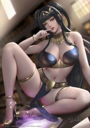 1girls arm_support artist_name bangs black_hair blurry blurry_background bracelet breasts cleavage collar commentary day female female_only fire_emblem fire_emblem_awakening gold_trim grey_eyes hand_up high_heels indoors jewelry light light_particles lips long_hair looking_at_viewer medium_breasts navel nintendo pelvic_curtain sade_abyss shiny shiny_hair short_twintails signature simple_background sitting stomach tharja_(fire_emblem) thighs tiara twintails window