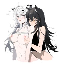 2girls @_@ ahoge animal_ears arknights bangs black_hair black_tank_top blush breast_grab breasts breasts_out clothes_lift cropped_arms cropped_shirt cropped_torso crossed_bangs grabbing grabbing_from_behind grey_eyes hair_ornament hairclip highres lappland_(arknights) lifted_by_another long_hair looking_at_another looking_at_viewer medium_breasts meng_ziya messy_hair multiple_girls navel nipple_tweak nipples oerba_yun_fang open_mouth scar scar_across_eye shirt_lift simple_background sketch sweat tank_top teeth texas_(arknights) upper_body upper_teeth white_background white_bandeau white_hair wolf_ears yellow_eyes yuri