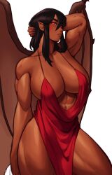 adalina big_breasts black_hair classy demon_wings demoness dress female glowing_eyes long_hair looking_at_viewer muscular_female narrowed_eyes pointy_ears red_eyes sotcho thick_thighs warcraft white_background wings world_of_warcraft