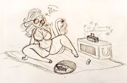 anthro ass beach beach_blanket bovine breasts clara_cow cooler cow_ears cow_girl cow_tail fanning_self hooves large_breasts long_hair long_tail midriff musical_note navel ohthesunnyside overflowing_breasts ponytail radio sitting sketch slightly_chubby spread_legs sunglasses_on_head sweat sweating text thick_thighs thighs tight_clothing traditional_art