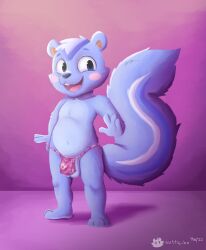 animal_crossing balls blue_body blush bottomwear bulge clothing filbert_(animal_crossing) fur furry furry_only genitals hi_res ineffective_clothing loincloth looking_at_viewer male male_only mammal nintendo nutty_bo rodent sciurid simple_background smile standing tail underwear video_games