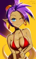 1girls bikini blue_eyes boobs breasts female female_only genie purple_hair revenantart shantae shantae_(character) smooth_skin solo yellow_background