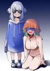 2girls big_breasts big_sub_small_dom blindfold collar dismassd female_focus female_only gawr_gura hololive hololive_english hololive_myth large_breasts leash long_hair looking_at_viewer multiple_girls nervous orange_hair shark_girl size_difference smiling sunglasses sweating takanashi_kiara thick_thighs tinted_eyewear two_tone_hair underwear virtual_youtuber white_hair yuri