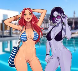 2girls bag bikini_top bottomless breasts casual dc dc_comics eyewear female female_only female_pubic_hair going_commando human koriand'r medium_breasts minko multiple_girls naked no_panties nude nudity pale_skin pubic_hair rachel_roth raven_(dc) signature starfire teen_titans text wristwear